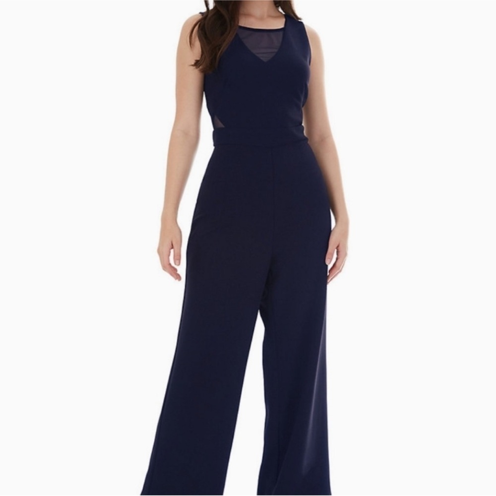 IZ Byer Navy Illusion Sides V Neck Wide Leg Scuba Crepe Jumpsuit Size XXL - Picture 3 of 13
